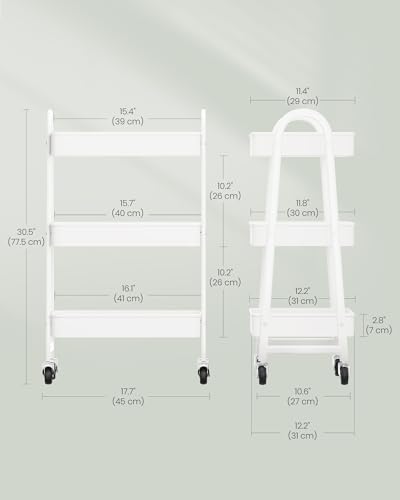 SONGMICS 3-Tier Rolling Cart, Metal Storage Cart, Kitchen Storage Trolley with 2 Brakes and Handles, Utility Trolley, Easy Assembly, for Painting Utensils Bedroom Laundry Room, White BSC068W01V1 - Image 5