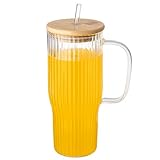 MOQRUAO Vaso de vidrio acanalado de 32 onzas con tapa de bambú y pajita, taza de café helado para té, jugo, batidos