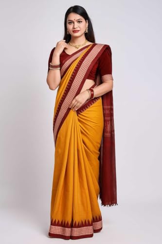 Image of NEW COLLECTION Women Silk Odisha Handloom Sambalpuri Plain Pata Saree Yellow Temple Border Pasapalli Design Mustard Kanjivaram Orissa Ethnic Handwoven Papa Silk Haldi Ceremony Pili Sari Red Blouse