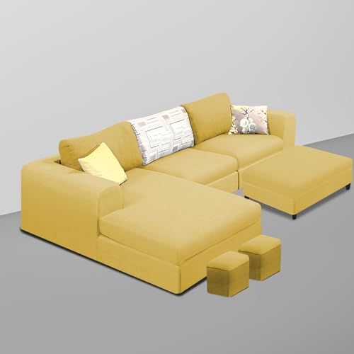 Image of Koza LHS 4 Seater L Shape Sofa Set with Center Table for Living Room (Yellow Fabric) Premium Fabric Sofa