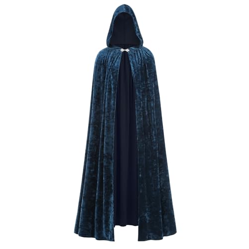 AGCOAH Deluxe Velvet Cape with Hood Women Adult Witch Hooded Cloak Halloween Cosplay Costumes Blue 55.1Inch