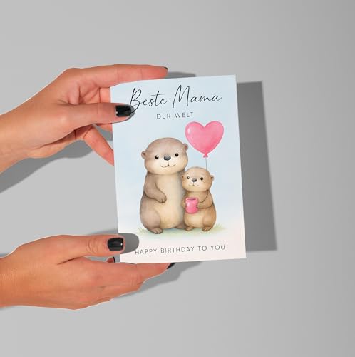 WBdesignz Süße Geburtstagskarte „Beste Mama der Welt“ mit Umschlag - mit Otter-Mama & Baby, rosa Herzballon & Kaffeebecher - Herzliche Glückwunschkarte für Mutter zum Geburtstag (DIN A6)