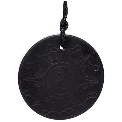 RUMINERAL Shungite Engraved Pendant Circle with Cord - Authentic Healing Stone for Chakra and Energy Balancing - (Yin and Yang) Cover