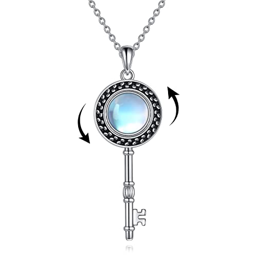 TIGER RIDER Rotatable Moonstone Key Necklace 925 Sterling Silver Key