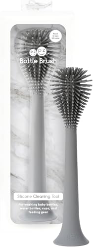 ezpz Bottle Brush (Gray) - Odor-Resistant Silicone Cleaning Tool with Long Sturdy Handle and Suction Base - Flexible Top for Tight Spaces - Gently Cleans Cups, Glasses, Bottles and Accessories