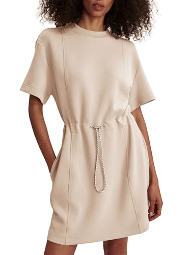 Image of COCOMARTS Dresses for Women Summer Short Sleeve Crew Neck Sweatshirt Dress Drawstring Waist Tunic Tops Mini Vacation Sundress