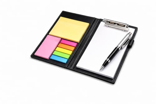 Image of AccuPrints Premium Leather Note Pad /Memo Book | Size 19 x 11 cm | with Sticky Notes & Clip Holder with Pen for Gifting Multi Size Sticky Notes Diary Style