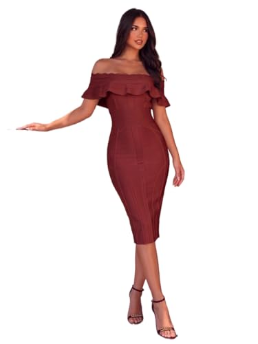 Image of Off Shoulder Bandage Dresses for Women Wedding Guest Party Midi Formal Gowns Evening Dress