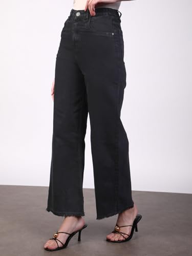 Image of Urbano Fashion Women's Black Regular Fit Wide Leg Washed Jeans