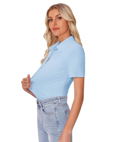 Image of siliteelon Womens Button Down Shirt Slim Fit Stretch Short Sleeve Dress Shirt Wrinkle Free Collared Business Work Blouse Top