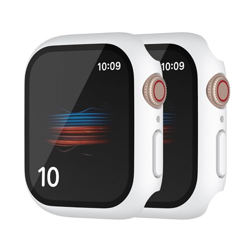 Image of HANKN (2 Pack Hard PC Case 45mm for Apple Watch Series 7 8 9 45mm Tempered Glass Screen Protector Case, Full Coverage Shockproof Ultra-thin Shell Iwatch Bumper Cover (White+White, 45 mm)
