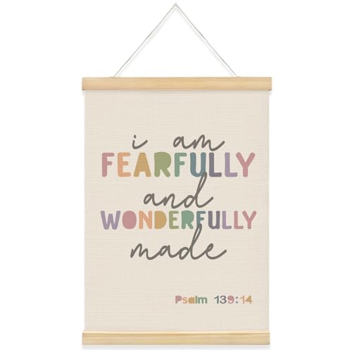 Image of QROZIAR I am Fearfully and Wonderfully Made Wall Decor, Christian Bible Verse Wall Art with Wooden Poster Hanger, Nursery Wall Decor, Religious Christian Gifts for Women Girls Bedroom Room 12x16 Inch