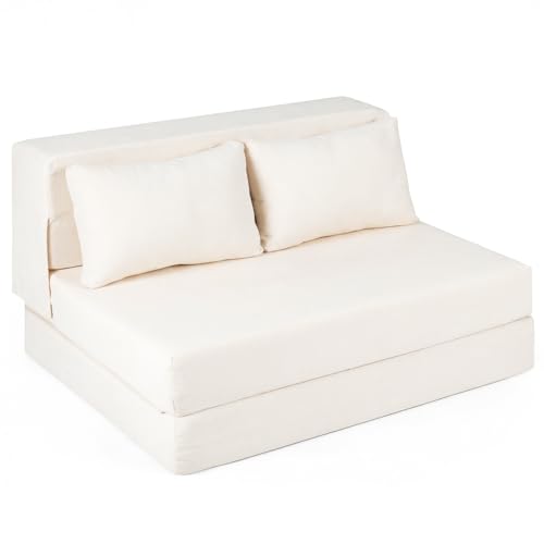COSTWAY 3 en 1 Canapé Convertible 2 Place, Canapé-Lit Pliant avec 2 Coussins, Chauffeuse, Chaise de Sol, Matelas Futon Pliable, pour Salon, Bureau,...