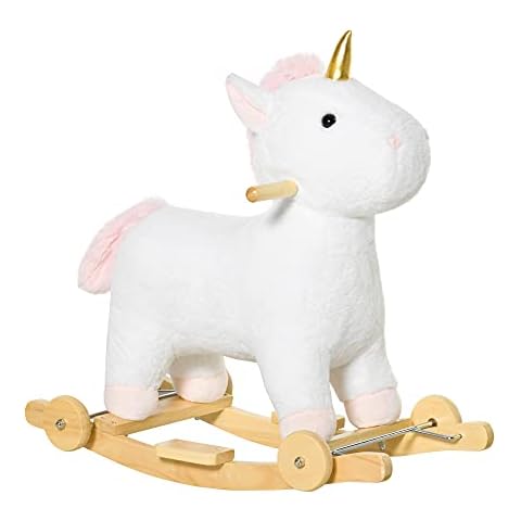 HOMCOM 2-IN-1 Schaukelpferd mit Räder Plüsch Schaukeltier Babyschaukel Spielzeug Weiß 63 x 38 x 63 cm Cover