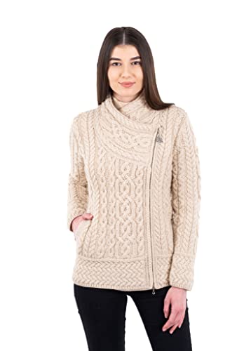 Image of SAOL Irish Cardigan for Women Made of 100% Merino Wool Ireland Sweater Cable Knit Zip Jacket