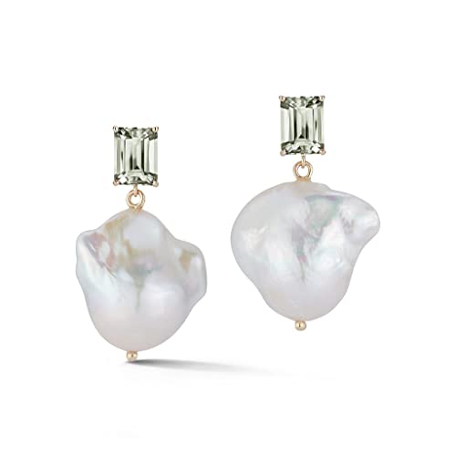 Green Amethyst And Baroque Pearl Drop Yellow Gold Earrings