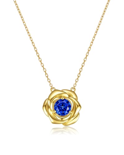 Birthstone Necklace Rose Flower Pendant, 14K Gold Plated 925 Sterling Silver Charm & Chain 18