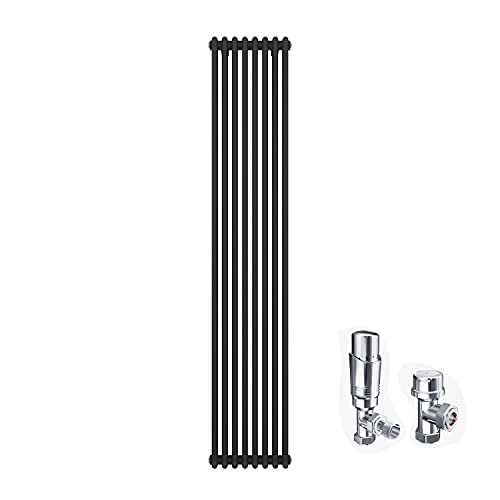 ELEGANT 1800 x 380mm Cast Iron Style 2 Column Grey Radiators Traditional Vertical Tall Upright Double Bar Colosseum Anthracite Designer Rads with Thermostatic Valves Set Chrome
