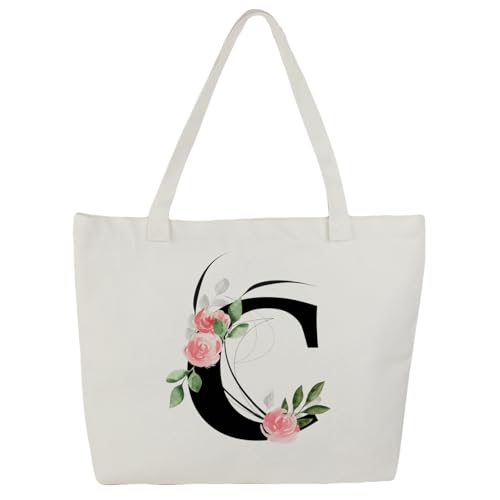 Blisswave Tote Bag Personalizada, Bolsas de Tela Personalizadas de la A a La Z con Nombre, 100% Lona de Algodón, Bellamente Impresa, Forrada, Regalo Personalizado para Mujer