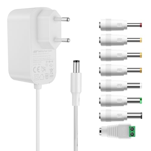 Tonton Adaptador AC 12V 2A Fuente de Poder AC220V a DC12V 500mA 1000mA 1500mA 2000mA Conductor de Poder 5.5mm con 8 Adaptadores de Enchufe DC Inversor Cargador Transformador AC-DC (DC12V~2A) Blanco
