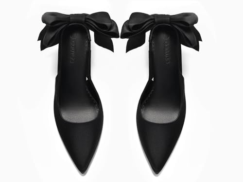 Image of Coutgo Womens Slingback High Heels with Bow Closed Pointed Toe Wedding Bride Dress Shoes Satin Pumps
