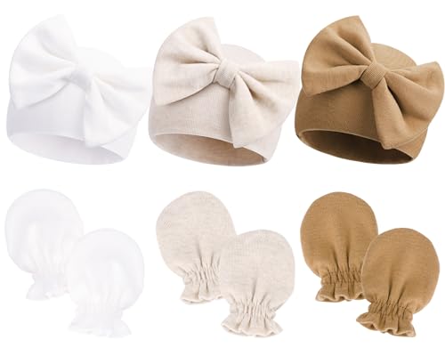 Image of Newborn Hospital Hats Gloves Baby Infant Bow Beanie Cotton Caps No Scratch Hat Mittens Set for 0-6 Months