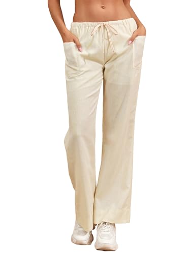 Famulily Womens Linen Pants Summer Wide Leg Casual Loose Drawstring Low Waist Palazzo Pants Lined Trousers with Patch Pockets