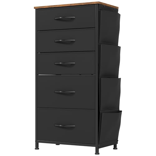 YITAHOME Comoda 5 Cajones,Cajonera de Tela con Bolsillos Laterales,Sinfonier,Robusta Estructura metálica,Cómoda con Tapa de Madera,Negro