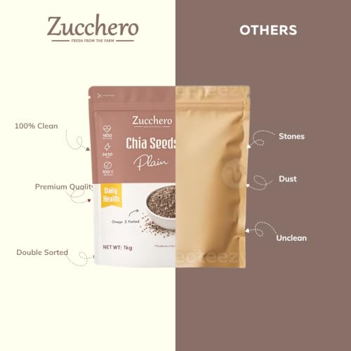 Image of Zucchero Chia Seeds (1kg) - Double Sortex Clean Super Seeds for eating | Omega-3 Loaded | Calcium Rich| Weight Management | Lab Tested | Best for overnight soaking