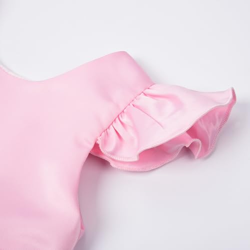 JerrisApparel Girls Satin High Low Dress Ruffle Sleeves Party Dress Pearl Tulle Layered Skirt with Large Bow Back4