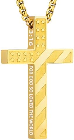 Laeclily Cross Necklace for Men Black Gold Silver American Flag Pendant Chain Bi