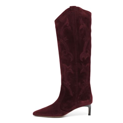 FYS Women Square Toe Knee High Boots Embroidered Kitten Low Heel Western Boots Casual Street Daily Shoes Size 4-16 US2