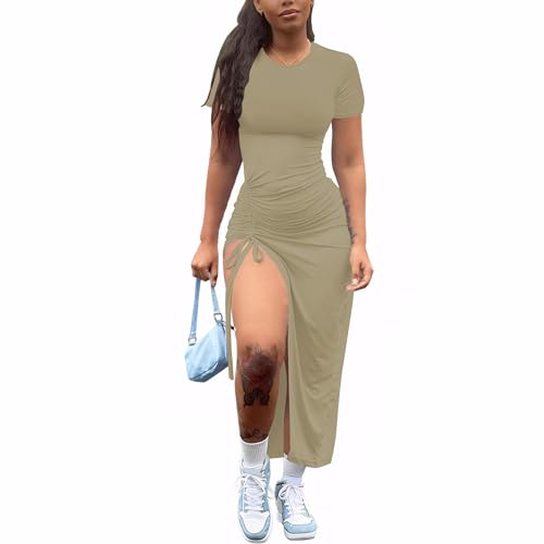 Image of Nimsruc Women Sexy Summer Dresses Short Sleeve Thigh-high Slit Ruched Bodycon Maxi Club Cocktail Party Dress