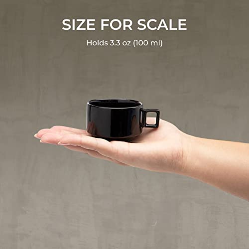 Porcelain Coffee Cups With Saucers Set - Stackable Coffee Mugs With Rack - Black Coffee Cups Set With Metal Stand - Espresso Cups Set Of 4-3.3 Oz -Mug Set For Espresso #TOP5