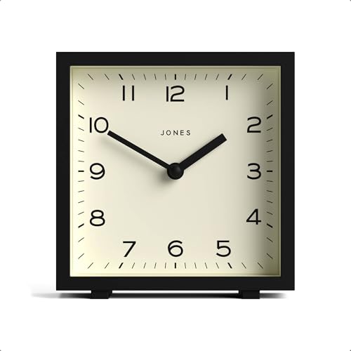 JONES CLOCKS® 'Disco' Desk Clock – Sleek Square Design in Black, Stylish and Easy to Read for Shelf, Table, Mantel or Bedside