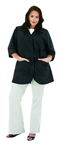 A Size Above Plus Size Salon Stylist Jacket, Cut for Curves, Three-quarter Length Sleeves, Button Down Front, Two Lower Front Pockets, Lightweight, Water Resistant Nylon/Poly, Black, XL