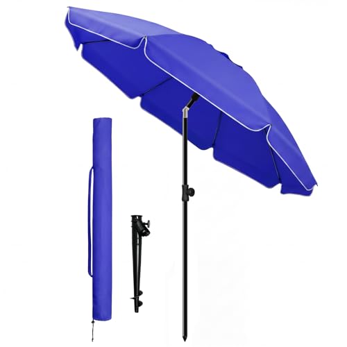 VOUNOT® 2m Tilting Garden Parasol with Ground Anchor, Beach Umbrella with Carry Bag, UV 50+, Adjustable Outdoor Parasol for Patio, Deck & Table, Blue