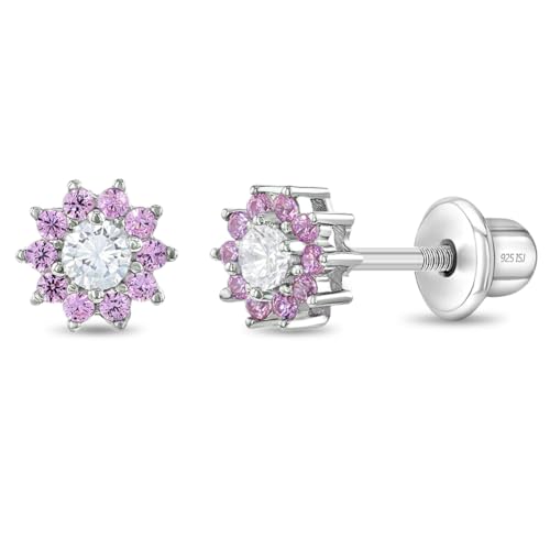 925 Sterling Silver 6mm Dazzling Pink Cubic Zirconia Flower Earrings, Best for Toddlers, Little Girls and Pre Teens - Screw Back Locking Floral Lover Girl's Earrings Set! Formal & Party Outfit