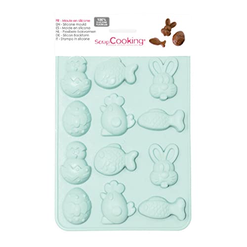 ScrapCooking - Moule Silicone Chocolats de Pâques - 12 Formes Animaux de Pâques : Lapin, Poule, Poisson pour Chocolats & Gâteaux - Ustensile Pâtisserie - Fritures - Vert d’Eau - 6726