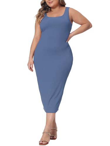 Image of Agnes Orinda Plus Size Dress for Women Summer Sleeveless Square Neck Bodycon Cocktail Sundress Sexy Midi Tank Dress