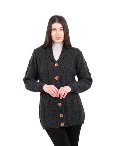 SAOL Shawl Neck Cardigan for Ladies 100% Merino Wool Buttoned V-Neck Sweater Made in Ireland