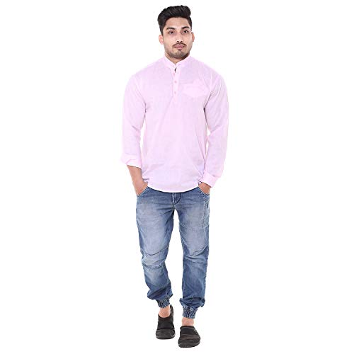 Image of Men's Linen Chinese Collar Full Sleeve Plus Size Short Kurta
