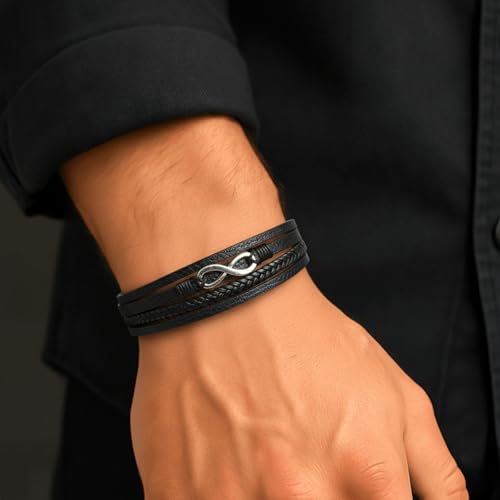 Image of THE MEN THING Leather Bracelet for Men - American Style Genuine Leather Multi-Layer Braided Bracelet with 100% Stainless Steel Magnetic Buckle for Men & Boys (8 inch)
