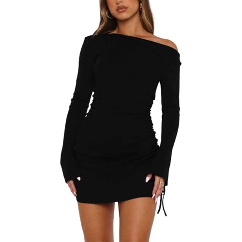 AOWVUTS Robe Femme Manches Longues Sexy Mini Robe Moulante Épaules Dénudées Robes Courte Chic et Elegant Cordon de Serrage Robes Fendue de Soirée Plis Slim...