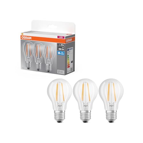 OSRAM Lampada LED Attacco lampadina classica E27 trasparente 6500K bianco freddo, LED a filamento, sostituzione per lampada a incandescenza, IP20, senza mercurio, resistente agli urti, 15000 ore