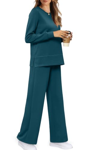 Image of WIHOLL Women's 2 Piece Lounge Sets Sweatshirt Casual Travel Outfits Fashion Wide Leg Tracksuit Cozy Sweatsuits
