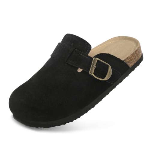 Image of Kids Clogs for Boys Girls Genuine Suede Leather Potato Slide Adjustable Buckle Indoor Outdoor Slippers