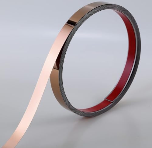 Image of Rose Gold /Copper Gold Metal Trim Wall Strip 12 mm x 16.4ft(5mtr) Stainless Steel PVD Coated 8K Mirror Gold Finish Flat Trim Strip Profile Roll for Wall Decoration, Furniture, Highlighters (Pack of 1)