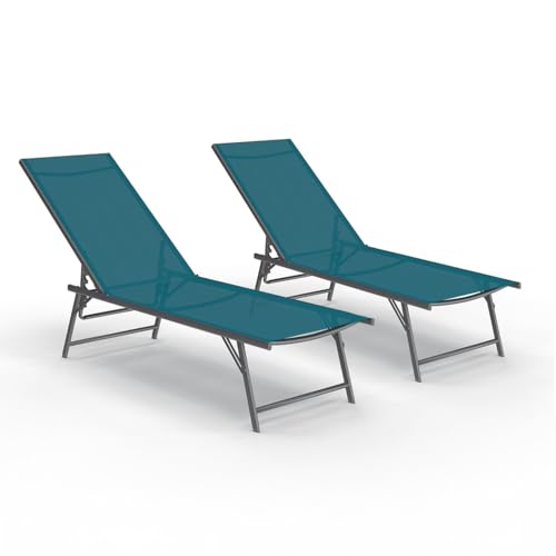 IDMarket - Lot de 2 transats de Jardin inclinables Kailua en Acier Gris Anthracite et Toile Bleu Canard