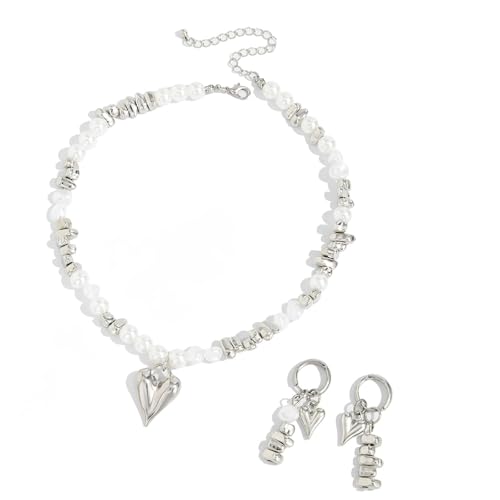 Greabuy Elegante juego de joyas de perlas con detalles de aleación de plata rota, cómodo uso formal, juego de novia plateado, accesorios de imitación resistentes a las alergias, talla única, como se